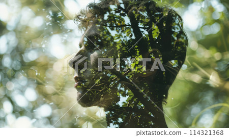 A blend of a mans face and trees in a double exposure 114321368