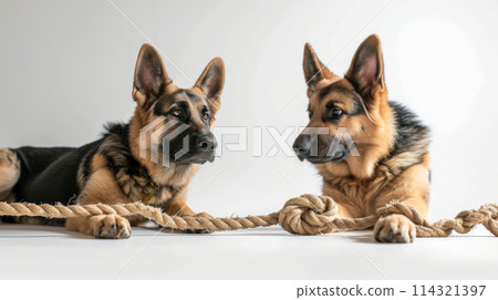 Two German shepherds resting next to each other with a rope between them 114321397