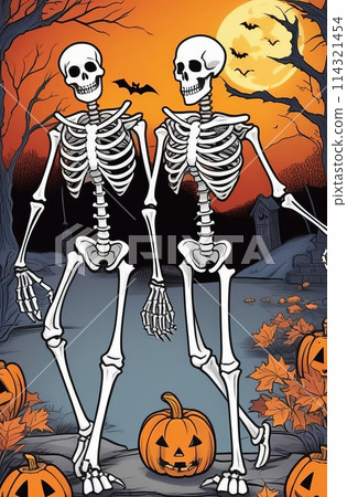 Illustrated skeletons near carved pumpkins under a full moon 114321454