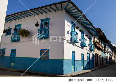 Beautiful streets at the historical downtown of the heritage town of Salamina located at the Caldas department in Colombia. 114321499