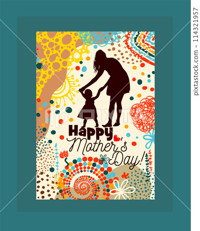 Happy Mother's Day trendy card. Silhouette of a mother with a child. hand drawing. Not AI. Vector illustration 114321957