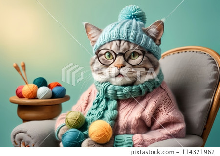 cat grandmother in a knitted sweater sits in a chair, knits warm things 114321962