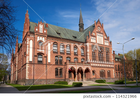 Old tourist landmark attractions in Riga city - ancient retro building of Academy of arts, Riga, Latvia. 114321966