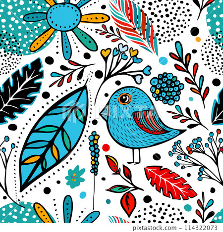 Decorative seamless background with birds and flowers. hand drawing. Not AI. Vector illustration Decorative seamless background with birds and flowers. hand drawing. Not AI. Vector illustration 114322073