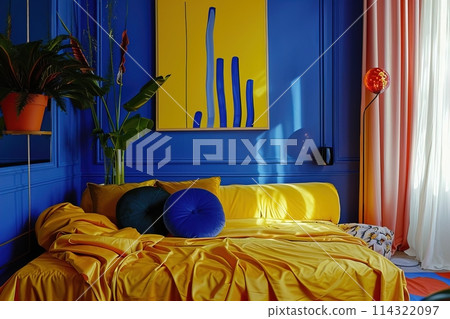 Yellow and blue vivid colors, home living room interior design with soft textures and cozy pillows Yellow and blue vivid colors, home living room interior design with soft textures and cozy pillows 114322097