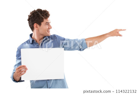 Pointing, poster and young man in a studio with mockup space for marketing, promotion or advertising. Smile, happy and handsome male person from Canada with empty banner isolated by white background. 114322132