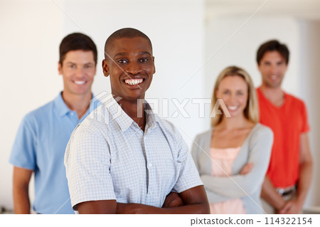 Portrait, man and happy in office with pride for working, business and agency career. Male worker, professional and smile in workplace with support for web design employee, creative and cooperation 114322154