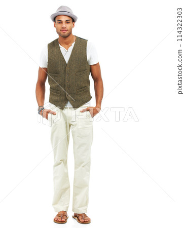 Man, pocket and studio or fashion portrait for luxury design, style trend or cool clothes. Male model person, face and white background for confident energy, good mood or creative outfit for summer Man, pocket and studio or fashion portrait for luxury design, style trend or cool clothes. Male model person, face and white background for confident energy, good mood or creative outfit for summer 114322303