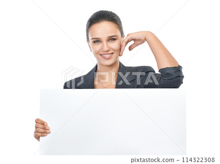 Girl, advertising and billboard with mockup space in studio, portrait and information for market sales. Woman, poster and announcement for promotion, placard and communication with white background 114322308