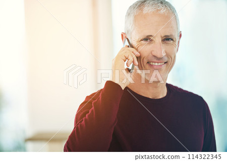 Senior, man and portrait with phone call in home for communication, discussion and mobile chat on mockup. Elderly, person and smile with smartphone for talking, retirement and networking in lounge 114322345