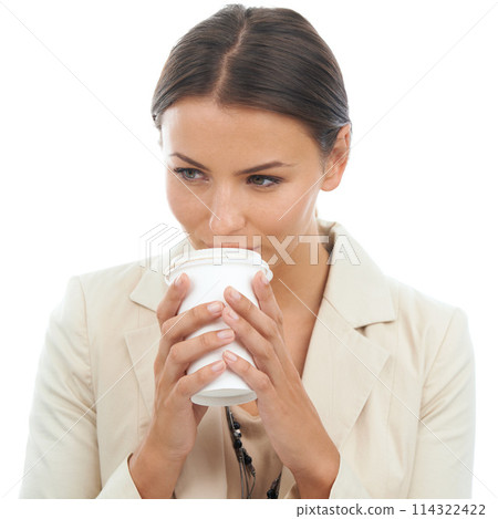 Businesswoman, drink and coffee takeaway in studio for corporate routine, professional or white background. Female person, sip and morning caffeine cup or mockup for company, confidence or career Businesswoman, drink and coffee takeaway in studio for corporate routine, professional or white background. Female person, sip and morning caffeine cup or mockup for company, confidence or career 114322422