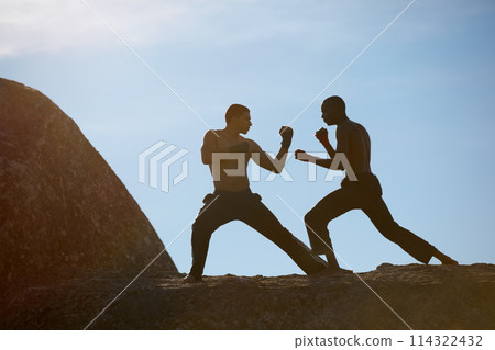 Mountain, fitness and karate men training in nature for body, speed or sparring technique on blue sky background. Martial arts, taekwondo or MMA friends outdoor for morning cardio, exercise or sports Mountain, fitness and karate men training in nature for body, speed or sparring technique on blue sky background. Martial arts, taekwondo or MMA friends outdoor for morning cardio, exercise or sports 114322432