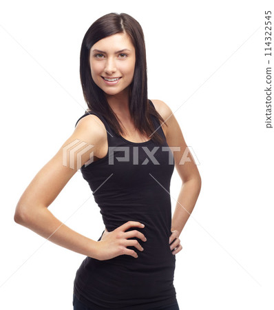 Happy woman, portrait and confidence in fashion, style or clothing isolated against a white studio background. Face of attractive young female person or model smile and posing with hands on hips Happy woman, portrait and confidence in fashion, style or clothing isolated against a white studio background. Face of attractive young female person or model smile and posing with hands on hips 114322545