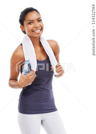 Woman, fitness and portrait with bottle, towel and smile for exercise, workout and training in studio on white background. Happy african athlete with water for hydration, wellness and healthy sports Woman, fitness and portrait with bottle, towel and smile for exercise, workout and training in studio on white background. Happy african athlete with water for hydration, wellness and healthy sports 114322564
