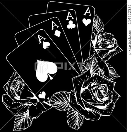 white silhouette of four aces poker card tattoo, on black background vector illustration 114322582