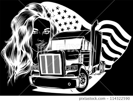white silhouette of Classic American Truck. Vector illustration with american flag and woman on black background white silhouette of Classic American Truck. Vector illustration with american flag and woman on black background 114322590