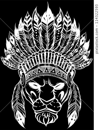 white silhouette of Lion Indian. American Indian. Lion's Face on black background white silhouette of Lion Indian. American Indian. Lion's Face on black background 114322593