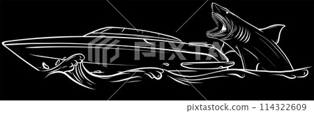 white silhouette of Hungry Shark Attack yacht ship from the ocean water on black background 114322609