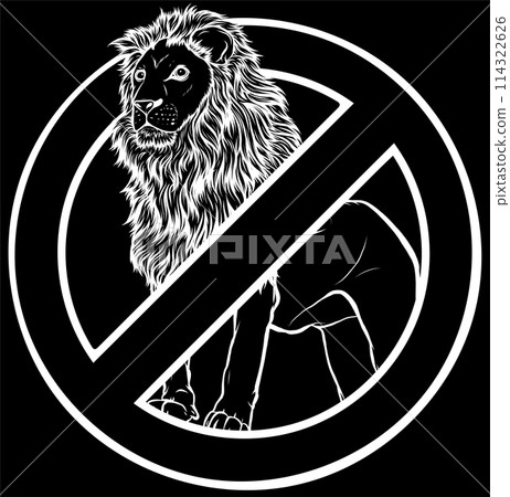 white silhouette of Stop lion. Prohibited wild animal on black background. white silhouette of Stop lion. Prohibited wild animal on black background. 114322626