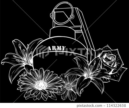 white silhouette of Grenade and flower on black background vector illustration white silhouette of Grenade and flower on black background vector illustration 114322638