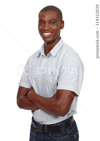 Portrait, confident or man as smile, ambition or opportunity of education and scholarship. Happy, black student or arms crossed as ready to solve, question or assertive in deciding employment Portrait, confident or man as smile, ambition or opportunity of education and scholarship. Happy, black student or arms crossed as ready to solve, question or assertive in deciding employment 114322639