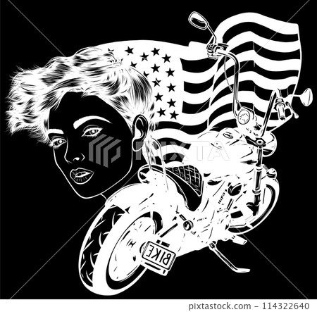 white silhouette of american girl and motorcycle on black background vector illustration 114322640