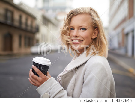 Happy, city and face of woman with coffee for commute, walking and journey in urban town. Travel, fashion and person with beverage, drink and cappuccino in trendy clothes, outfit and style in street Happy, city and face of woman with coffee for commute, walking and journey in urban town. Travel, fashion and person with beverage, drink and cappuccino in trendy clothes, outfit and style in street 114322646