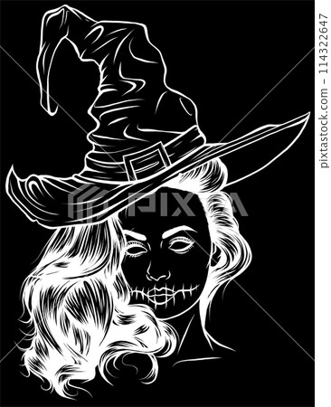white silhouette of Pretty witch with hat on black background. Vector hand drawn illustration 114322647