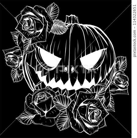 white silhouette of Pumpkin with Roses Distressed Halloween on black background 114322651