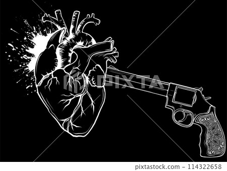 white silhouette of gun with human heart on black background white silhouette of gun with human heart on black background 114322658