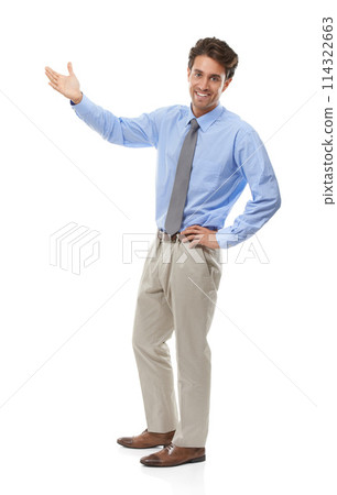 Portrait, smile and announcement with business man in studio isolated on white background for coaching seminar. Advertising, marketing and space with happy employee on mockup for deal or presentation Portrait, smile and announcement with business man in studio isolated on white background for coaching seminar. Advertising, marketing and space with happy employee on mockup for deal or presentation 114322663