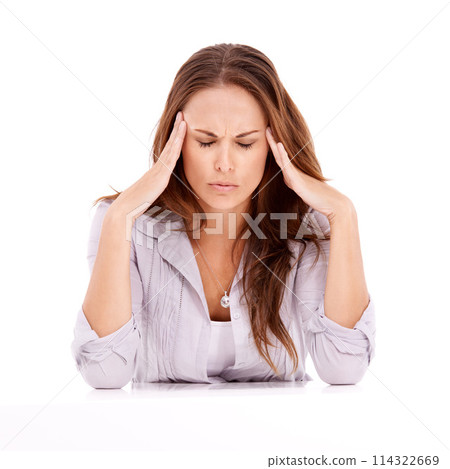 Stress, white background or tired businesswoman with headache with anxiety, mistake or burnout. Loss, dizzy or overworked employee in studio frustrated by fatigue, migraine or anxiety in debt crisis Stress, white background or tired businesswoman with headache with anxiety, mistake or burnout. Loss, dizzy or overworked employee in studio frustrated by fatigue, migraine or anxiety in debt crisis 114322669