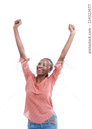 Excited, black woman and celebration in studio for success, winning or achievement with arms raised. Happy, cheers and person with victory, good news or bonus promotion isolated on a white background Excited, black woman and celebration in studio for success, winning or achievement with arms raised. Happy, cheers and person with victory, good news or bonus promotion isolated on a white background 114322677