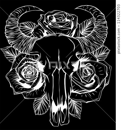 white silhouette of bull skull with roses on her head on black background 114322703