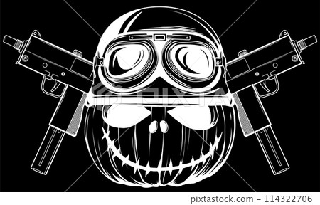 white silhouette of carved halloween pumpkin wearing military helmet on black background 114322706