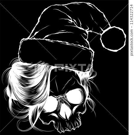 white silhouette of vector illustration Christmas skull on black background 114322714