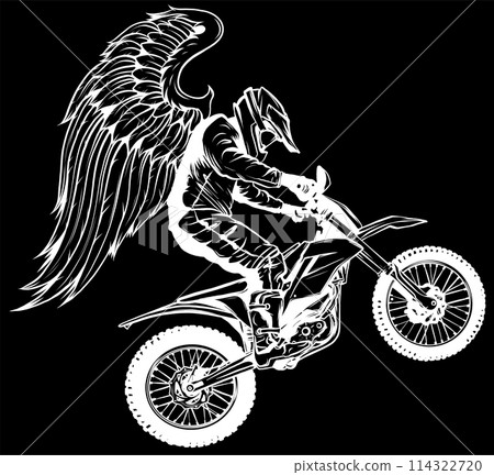 white silhouette of Motocross with wings on black background vector illustration 114322720