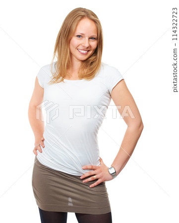 Woman, portrait and happy with fashion and confident with hands on hips with stylish clothes for trendy look. Female person, isolated on white background in studio for casual outfit and smiling 114322723