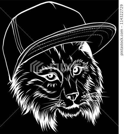 white silhouette of cat portrait in hip-hop hat on black background. Vector illustration. white silhouette of cat portrait in hip-hop hat on black background. Vector illustration. 114322729