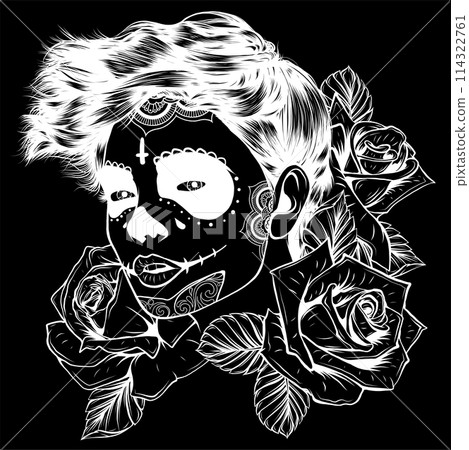 white silhouette of skull girl with roses. Skull sugar flower on black background white silhouette of skull girl with roses. Skull sugar flower on black background 114322761
