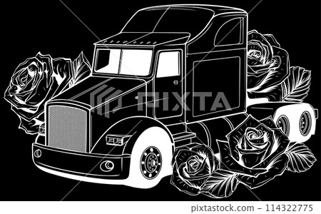white silhouette of Classic American Truck on black background Vector Illustration design white silhouette of Classic American Truck on black background Vector Illustration design 114322775