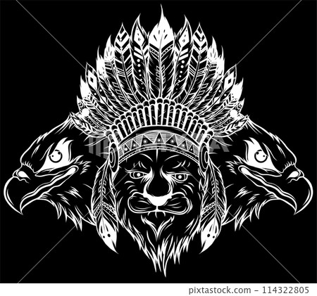 white silhouette of Lion in the Indian roach. Indian feather headdress of eagle on black background white silhouette of Lion in the Indian roach. Indian feather headdress of eagle on black background 114322805