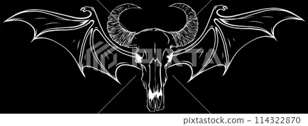 white silhouette of Rams Head Skull with wings on black background vector logo illustrations 114322870