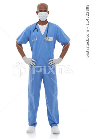 Portrait, mask and uniform with nurse, man and confident employee isolated on a white studio background. Face cover, African person and medical with professional, nurse and healthcare with protection Portrait, mask and uniform with nurse, man and confident employee isolated on a white studio background. Face cover, African person and medical with professional, nurse and healthcare with protection 114322898