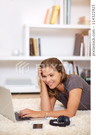 Woman, laptop and streaming on floor and relax in home, smile and watching on weekend. Holiday, headphones and comedy movie or show, internet video and carpet in living room for vacation or self care Woman, laptop and streaming on floor and relax in home, smile and watching on weekend. Holiday, headphones and comedy movie or show, internet video and carpet in living room for vacation or self care 114322925