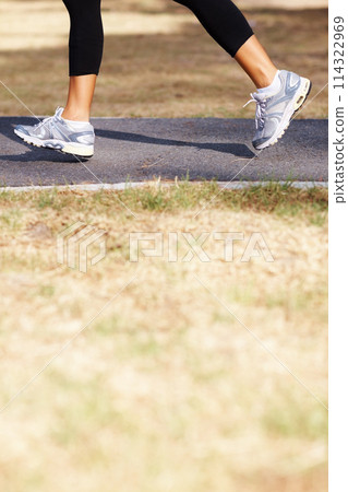 Running, cardio and shoes of woman in nature for fitness, speed and health challenge. Wellness, sports and workout with female runner training in outdoor path for exercise, fast and performance 114322969