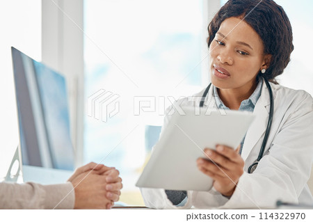 Tablet test results, doctor and patient talking in medical consultation, checkup and visit in clinic, hospital and healthcare center. Gp discussing treatment options and medicine side effects on tech 114322970