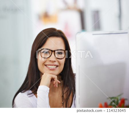 Creative, computer and portrait of woman in office with confidence, ambition and glasses. Professional, opportunity and face of receptionist at design business, advisor consultant in workplace. 114323045