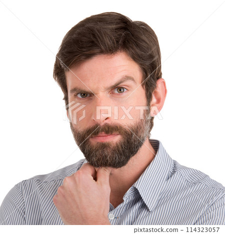 Thinking, portrait and business man in studio with solution, problem solving or planning on white background. Why, doubt or serious male entrepreneur with how to questions, emoji and guess face Thinking, portrait and business man in studio with solution, problem solving or planning on white background. Why, doubt or serious male entrepreneur with how to questions, emoji and guess face 114323057