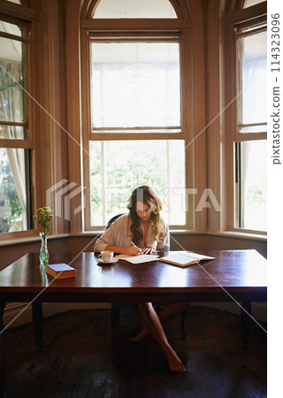 Shes hard at work on a new novel. an attractive young woman writing in a relaxed environment at home. Shes hard at work on a new novel. an attractive young woman writing in a relaxed environment at home. 114323096